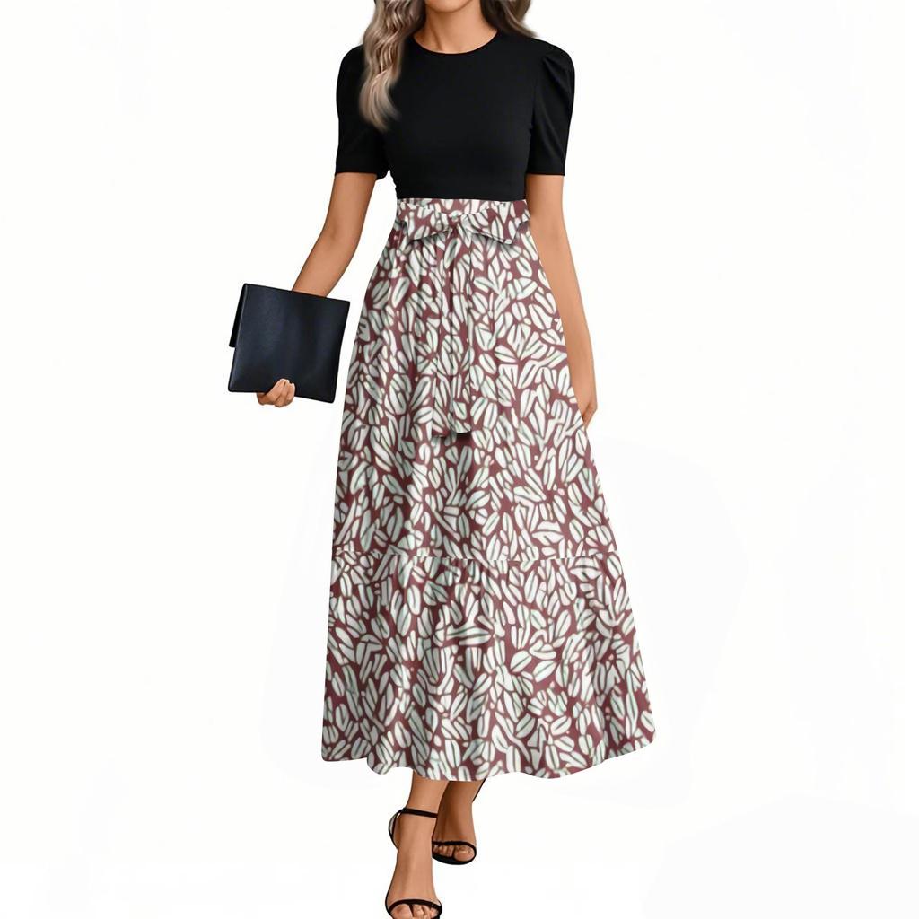 Women's Fashion Casual Belt Short Sleeve Round Neck Floral Stitching Elegant Temperament Dress