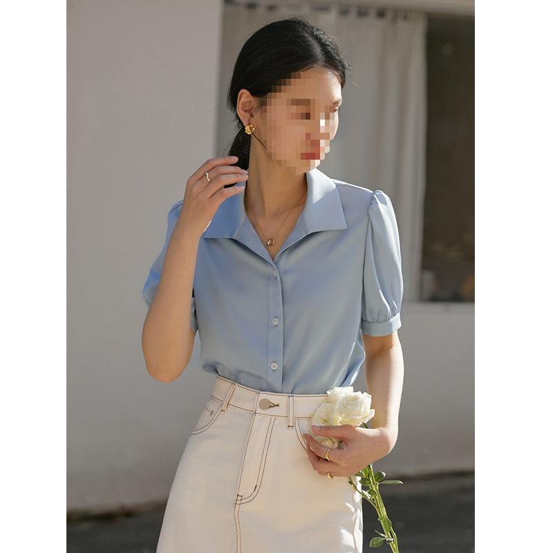 Petite High-Grade Satin Chiffon Short-Sleeve White Shirt for Women - Early Autumn Commuting Interview Top