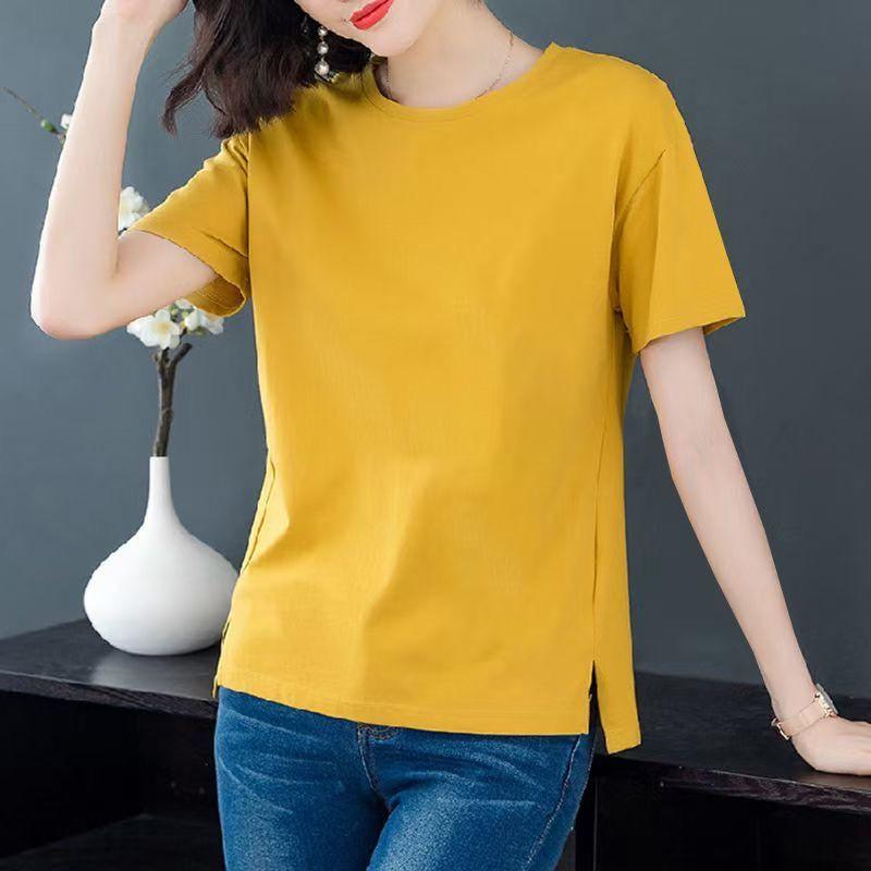 

Italian Brand Cut Label Classy Pure Cotton Women s Summer Short Sleeve round Neck Younger Fashion plus Size Loose Top Outwear Yellow [pure color]] M