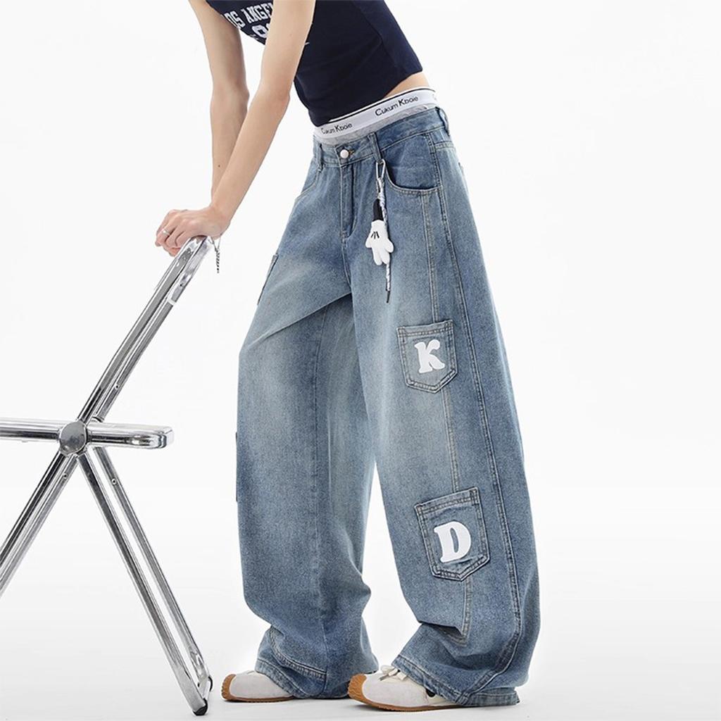 JYL Men's Flare Jeans American Trendy Street Letter Print Washed Denim Pants