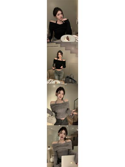 Korean-Style Spicy Off-Shoulder Halter Neck Knit Top for Women: Slim Fit, Long Sleeve, Autumn & Winter Collection