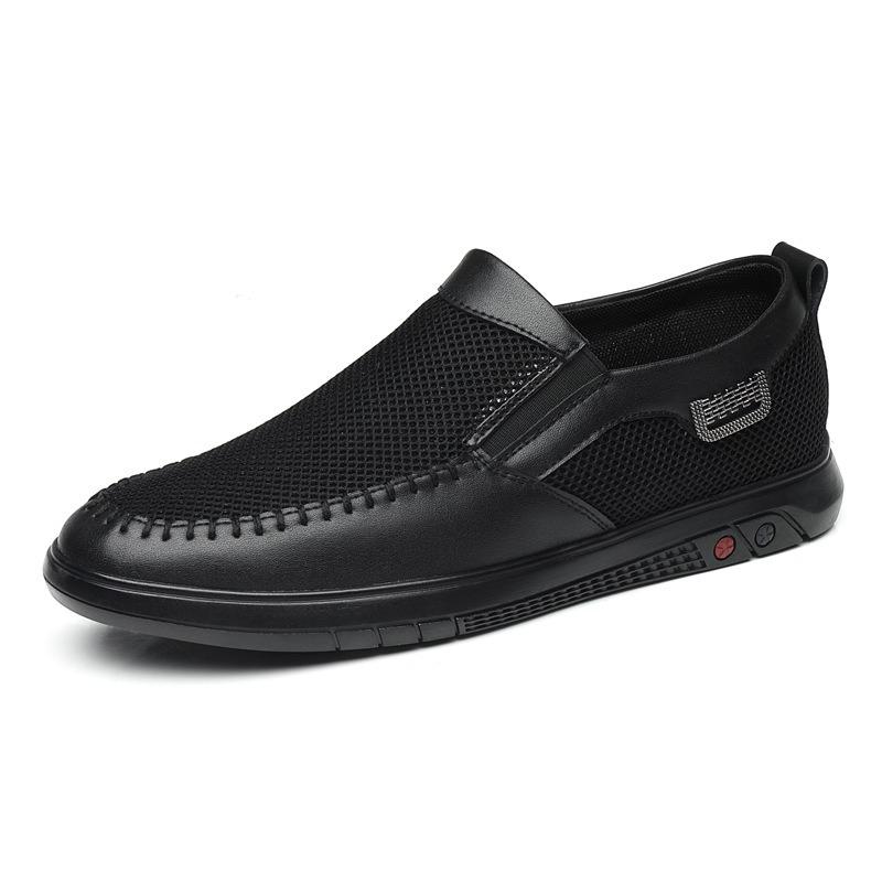 [Cowhide] Summer Mesh Shoes Breathable Men's Mesh Shoes Non-slip Soft-soled Casual Leather Men's Shoes Lazy Shoes One Pedal