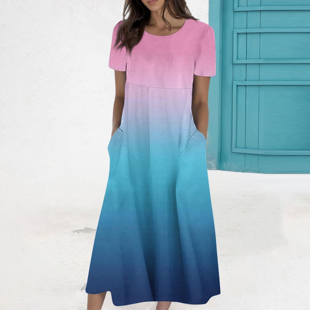 Rochie de buzunar cu mânecă scurtă, cu gât rotund, imprimată la modă ocazională de vară