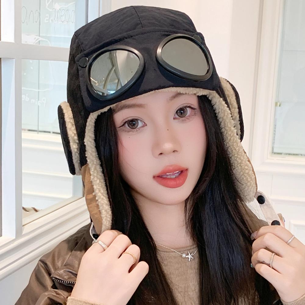 

Новые женские теплые шапки-бомберы с очками, плюшевая меховая зимняя шапка с ушками, зимняя шапка денди для женщин 56cm-60cm чёрный