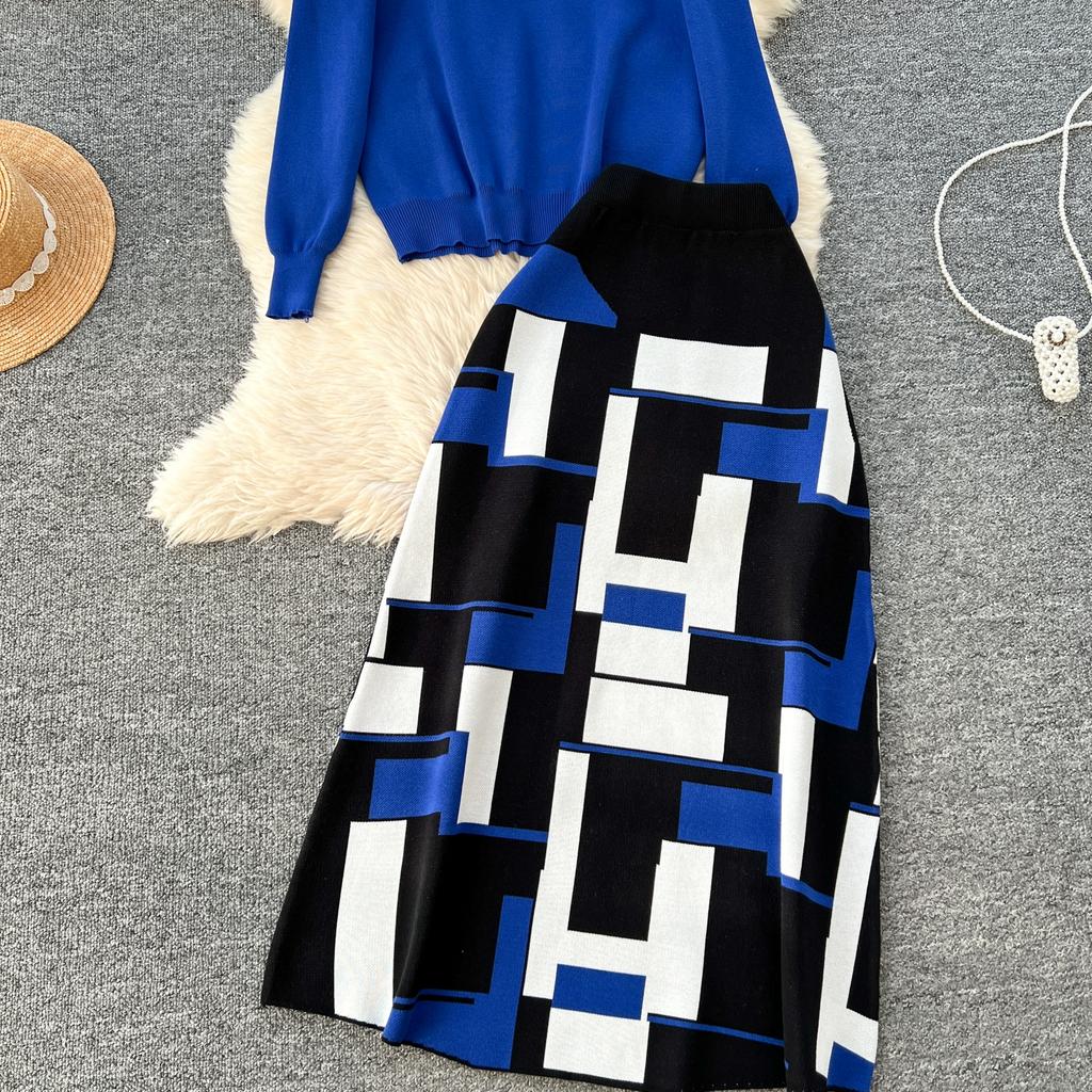 Høst Vinter Kvinner Elegant Strikket Genser Kontor Todelt Sett Ståkrage Pullover Topper og Lang Maxi Skjørt Dress