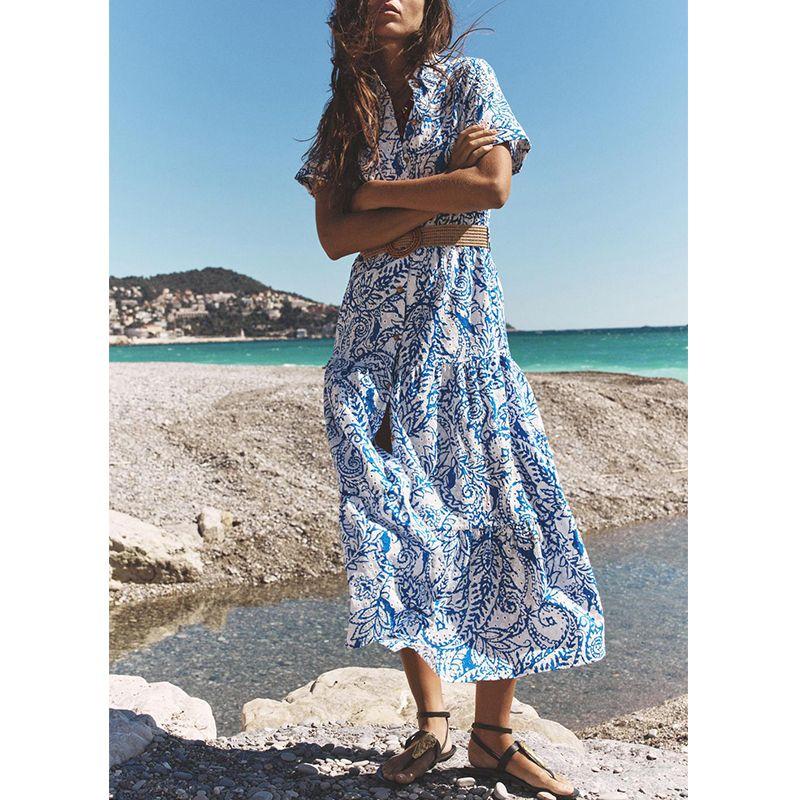 Spring and Summer Cut Out Embroider Decorative Lapel Short Sleeve with Belt Printed Shirt Type Length Dress 2157045