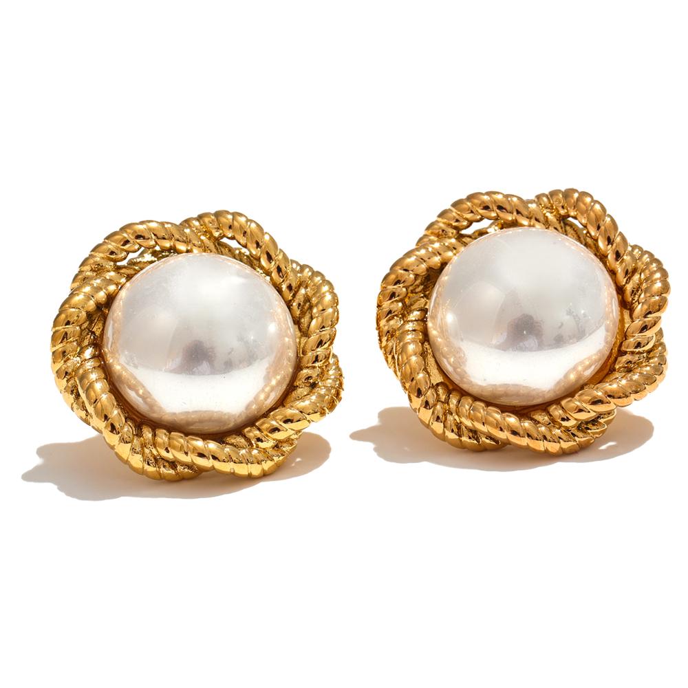 

Yhpup Fashion Simulated-Pearl Round Flower Stud Earrings for Women 316L Stainless Steel Elegant Charm Jewelry Accessories Gift