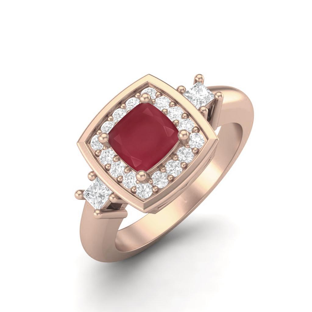 5MM Cushion Ruby 925 Sterling Silver Rose Vermeil Accent Side Stone Dainty Engagement Wedding Bridal Ring