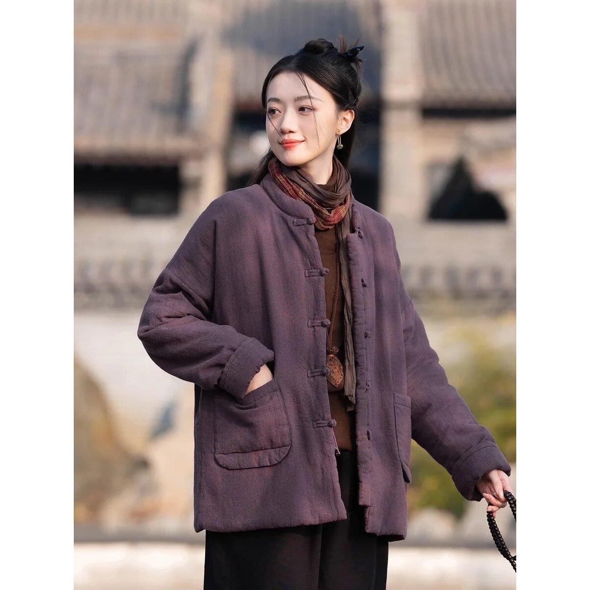 

Женские винтажные однотонные парки с длинными рукавами и длинными рукавами в китайском стиле, зимние парки с карманами на пуговицах One Size фиолетовый