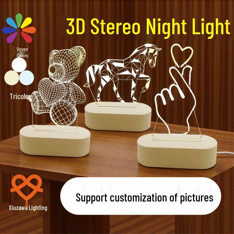 3D Acrylic Night Light: Creative Three-Color Table Lamp for Bedroom and Gifts