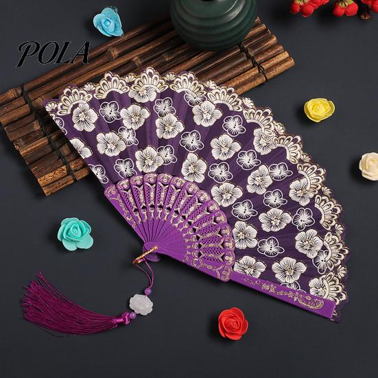 Flower Patterned Fan Retro Lace Folding Portable Lightweight Chinese Dance Handheld Cherry Blossom Compact Travel Pattern Elegant Women's with Tassel
