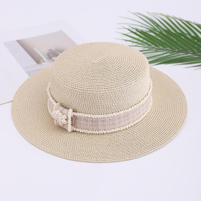 Summer Xiaoxiangfeng Flat Top Hat Ladies Elegant Pearl Rhinestone Sunshade Sunscreen Hat Travel Fashion Straw Hat Pearl