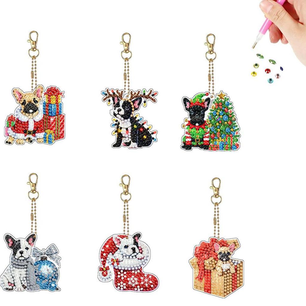 6pcs 2D Flat DIY Diamond Painting Keychain Diamond Art Kits Diamond Art Keychains Small Crystal Painting Keyrings for Home Decor