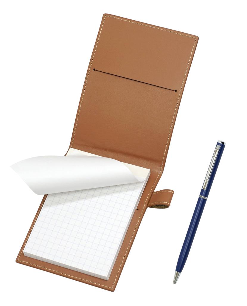 Recycled Cowhide Mini Notebook Cover In Mocha with Slim Rotating Ballpoint Pen Set (Blue) (T23-LS022P-M-PD04-L)