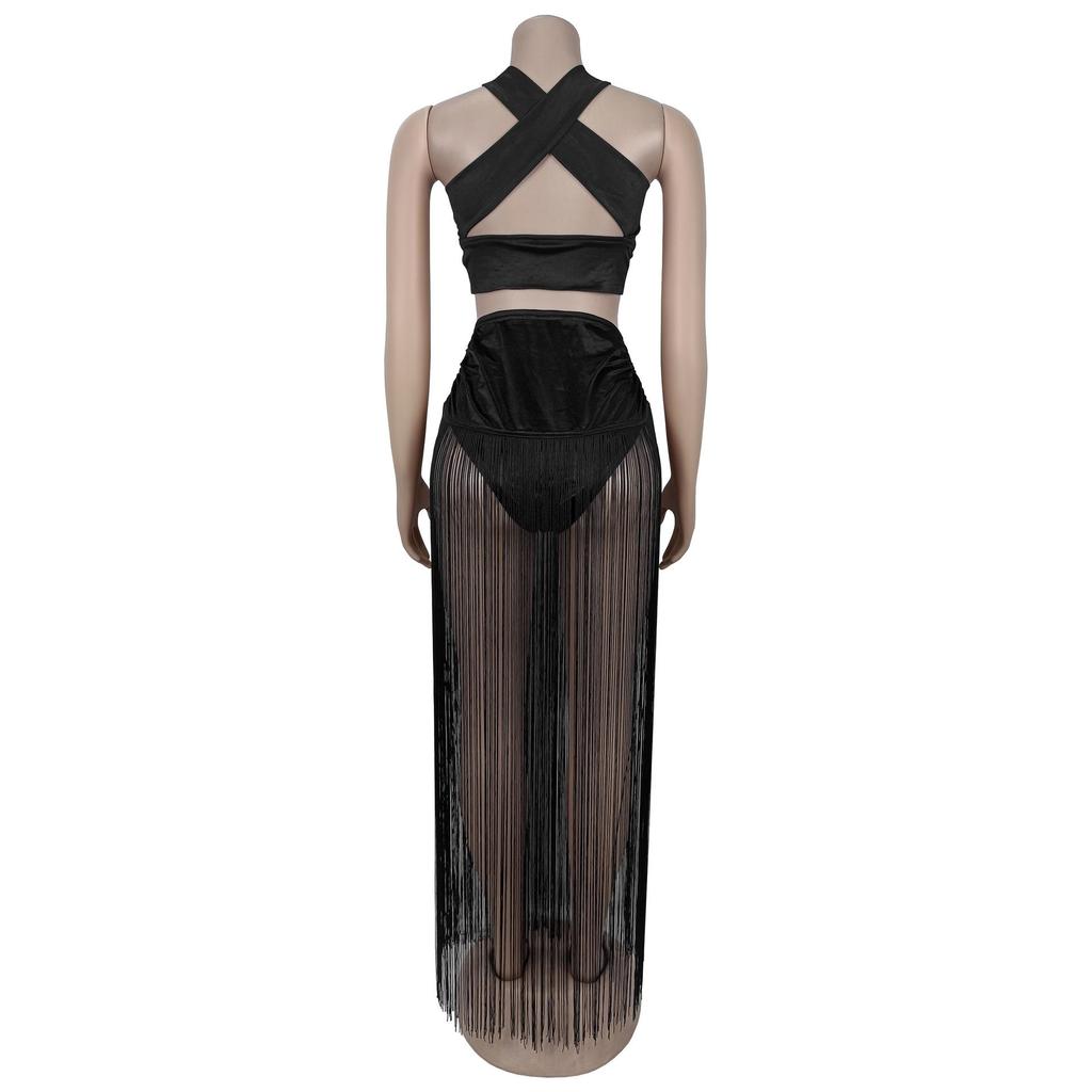 European & American Fashion Women's Sexy Strappy Top and Tassel Long Skirt Two-Piece Set