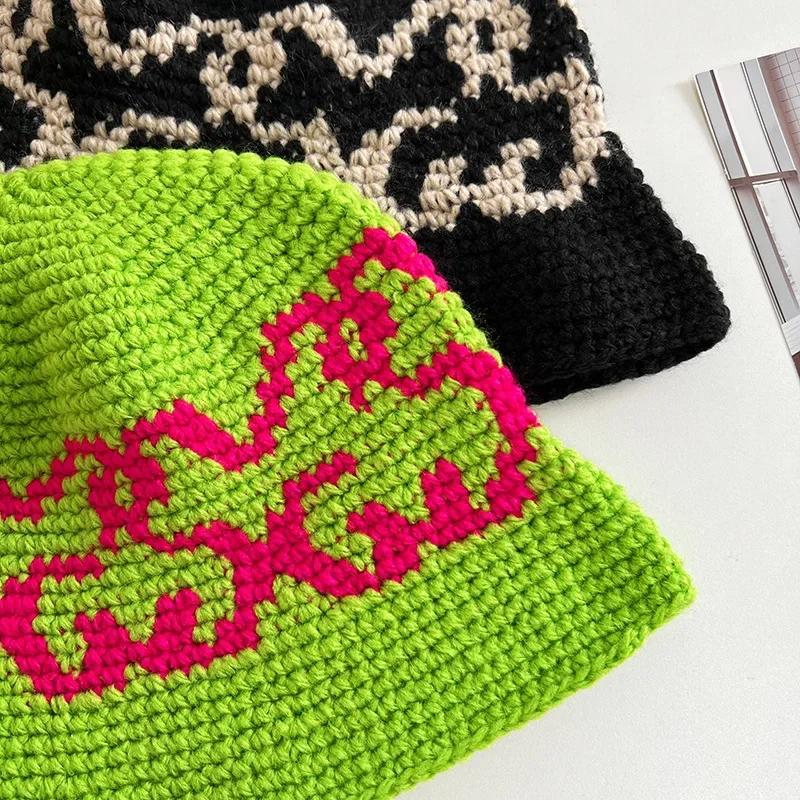 Korean Autumn Winter Retro Crochet Knitted Wool Bucket Hat Women Ins Hand-woven Basin Hat Winter Bucket Hat Men