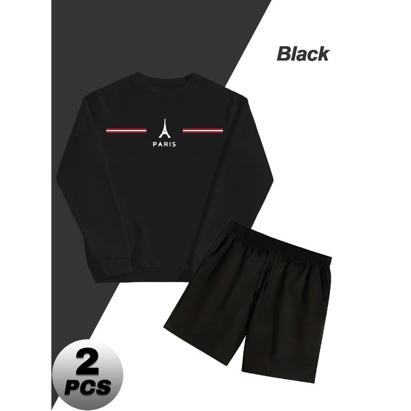 Crew Neck Sweatshirt Men s Polyester 2 Piece Set Shorts Athletic Tracksuit S