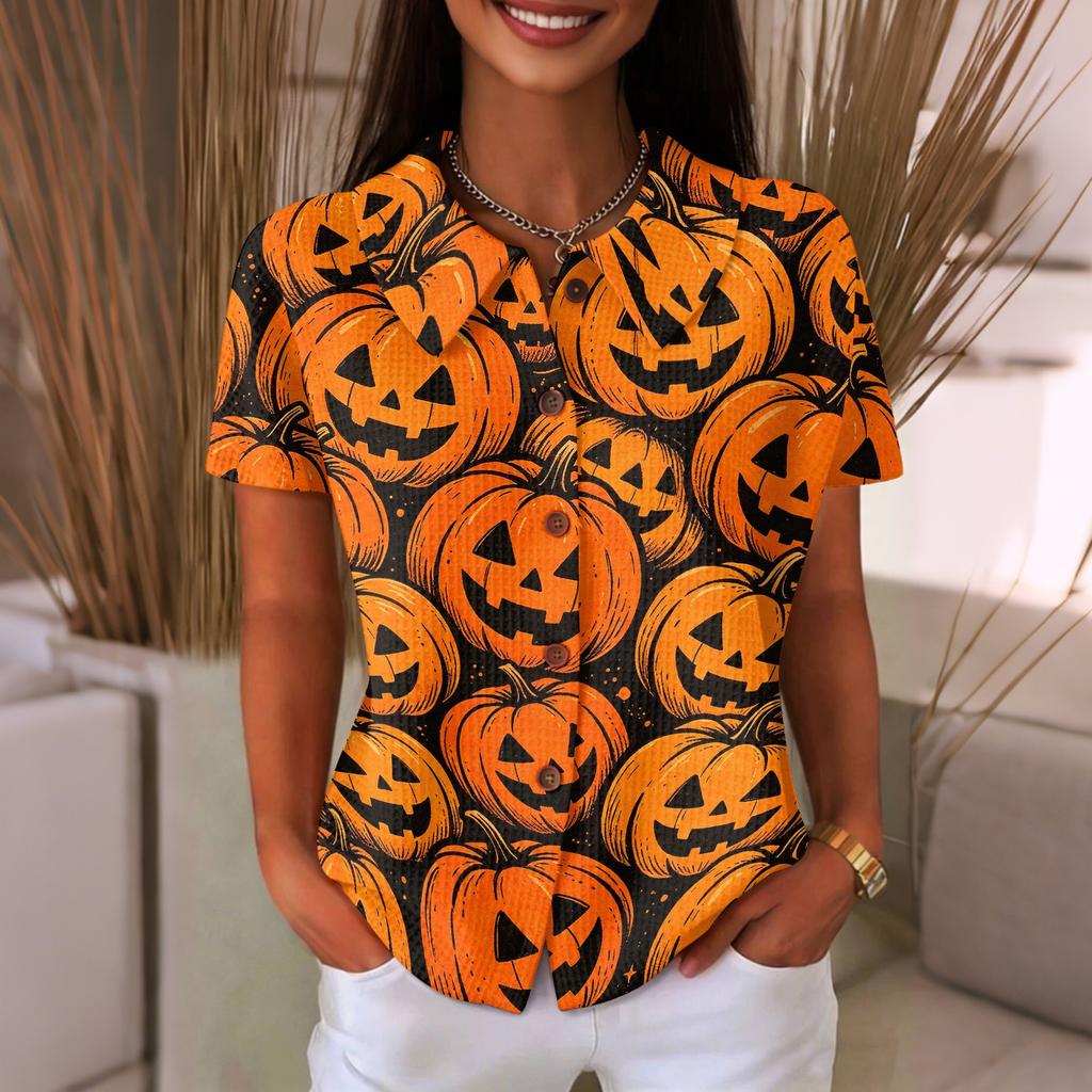 Women's Casual Button Front Waffle Knit Shirt Halloween Print Short Sleeve Top Lightweight Comfortable Relaxed Fit
