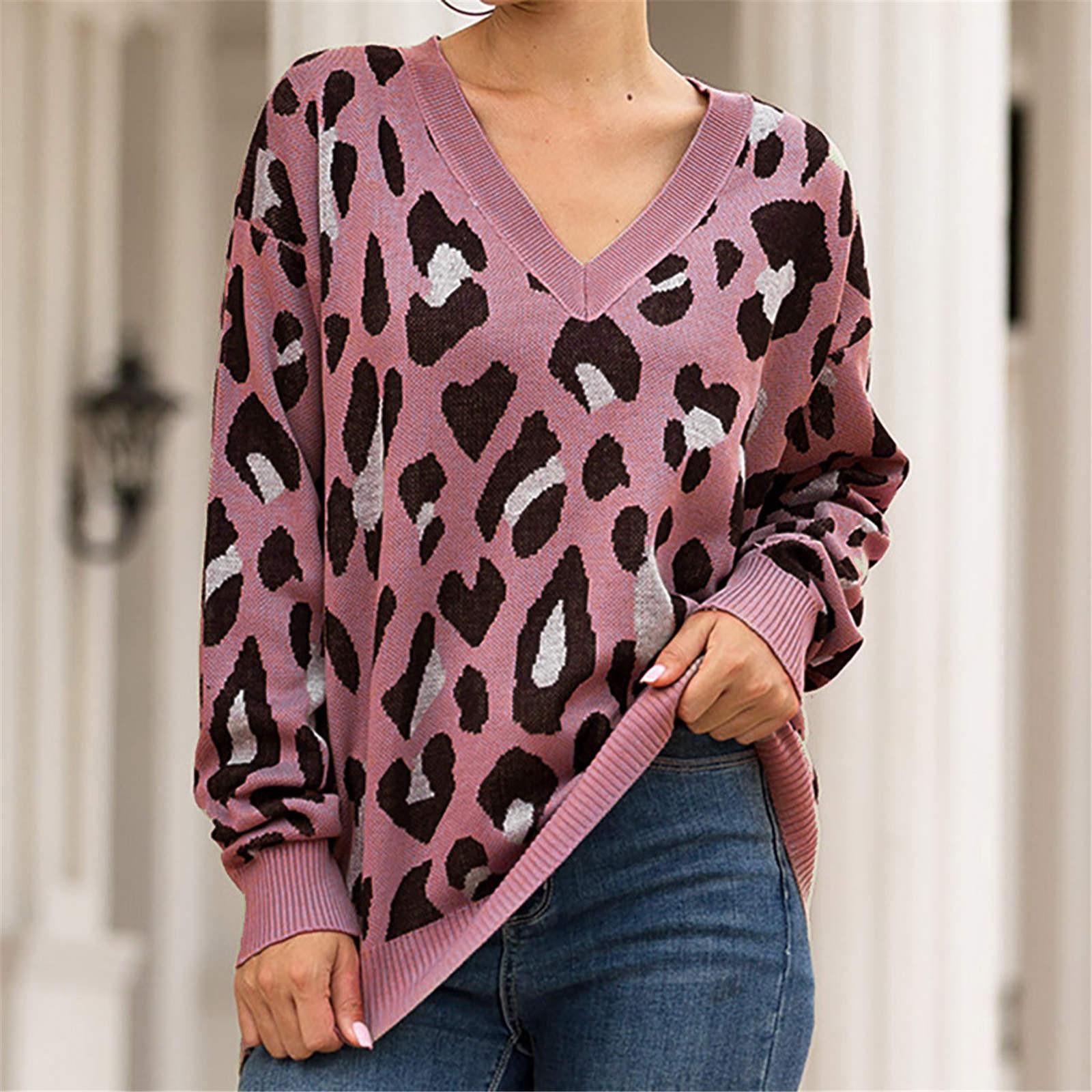 Women Fashion V-neck Stripe Leopard Print Comfortable Long Sleeves Sweater Tops M красный