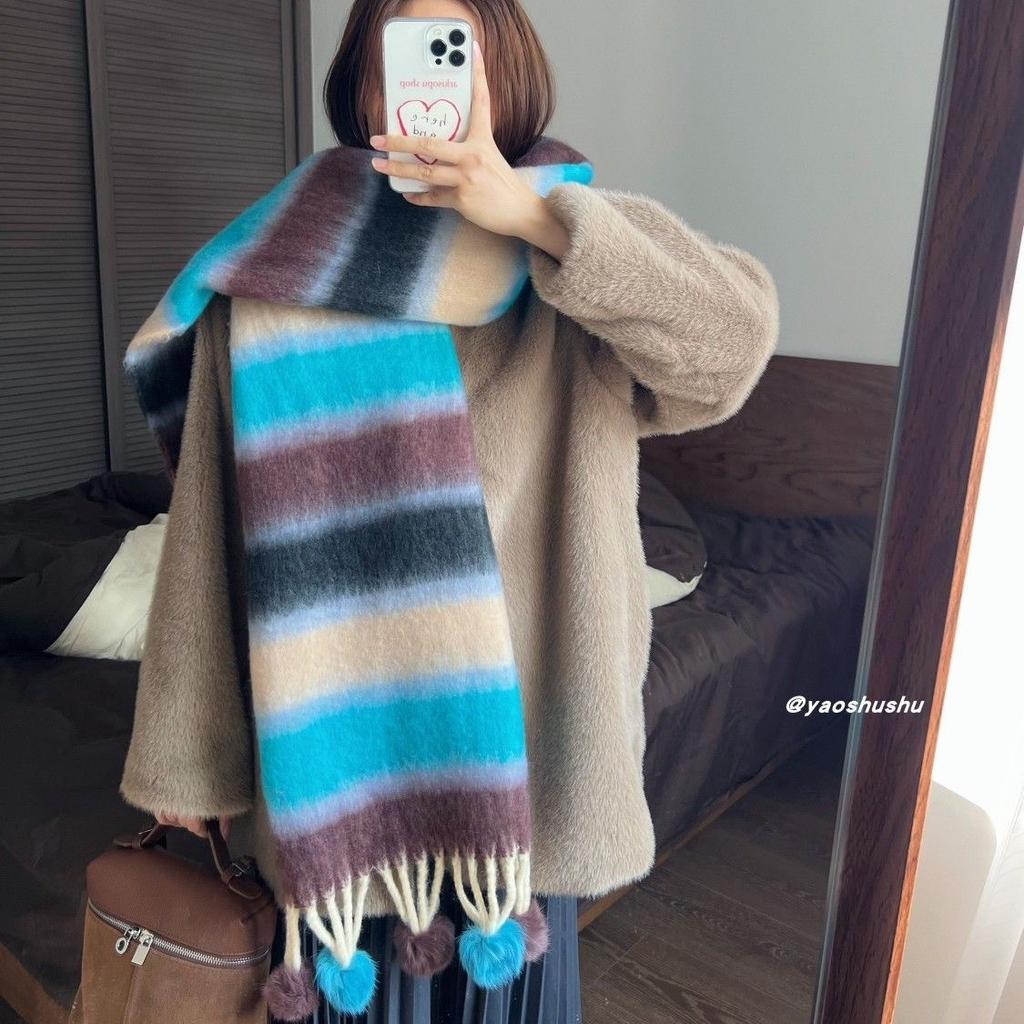 Mohair Rainbow Striped Scarf for Women Winter New Thickened Student Warm Shawl Versatile High End Fur Ball Scarf