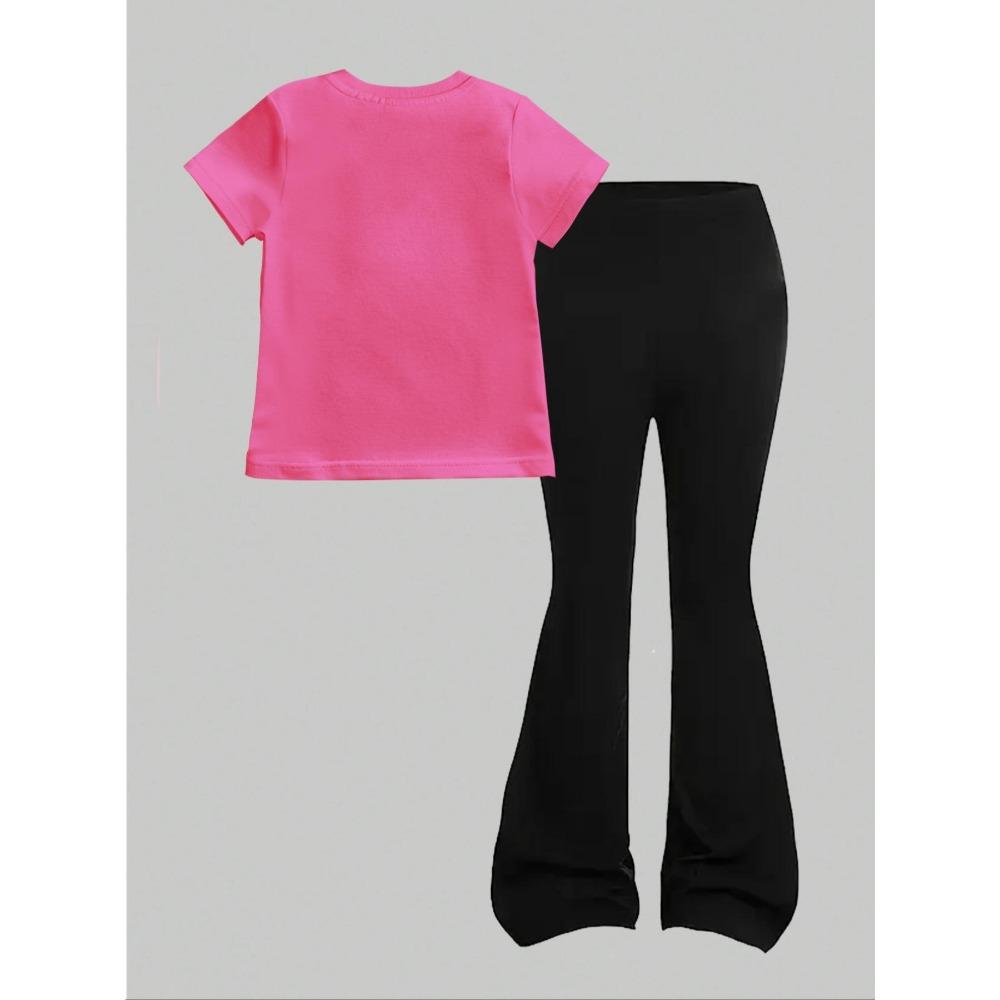 Conjunto de Manga Corta para Niña 2026 Nuevo Kpop Tres Chicas Estampado de Anime Camiseta de Manga Corta + Pantalones de Campana Conjunto de Dos Piezas