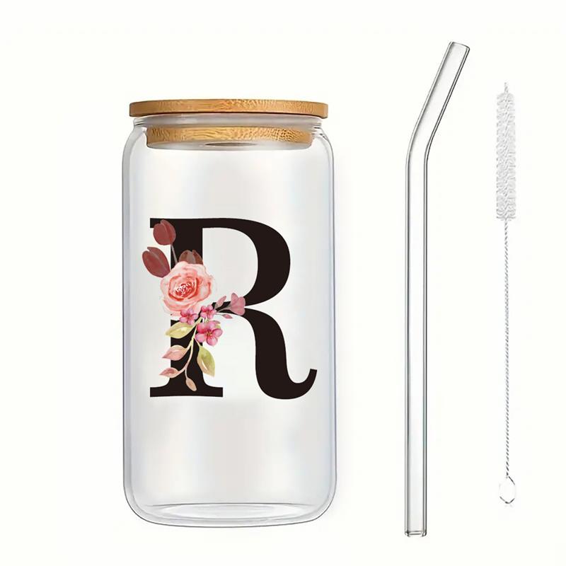 Alphabet Blumen Trinkglas Buchstabe A-Z Eiskaffee Wasser Saft Flasche Tragbarer Klarer Becher mit Deckel Strohhalm Bürste Geburtstagsgeschenke