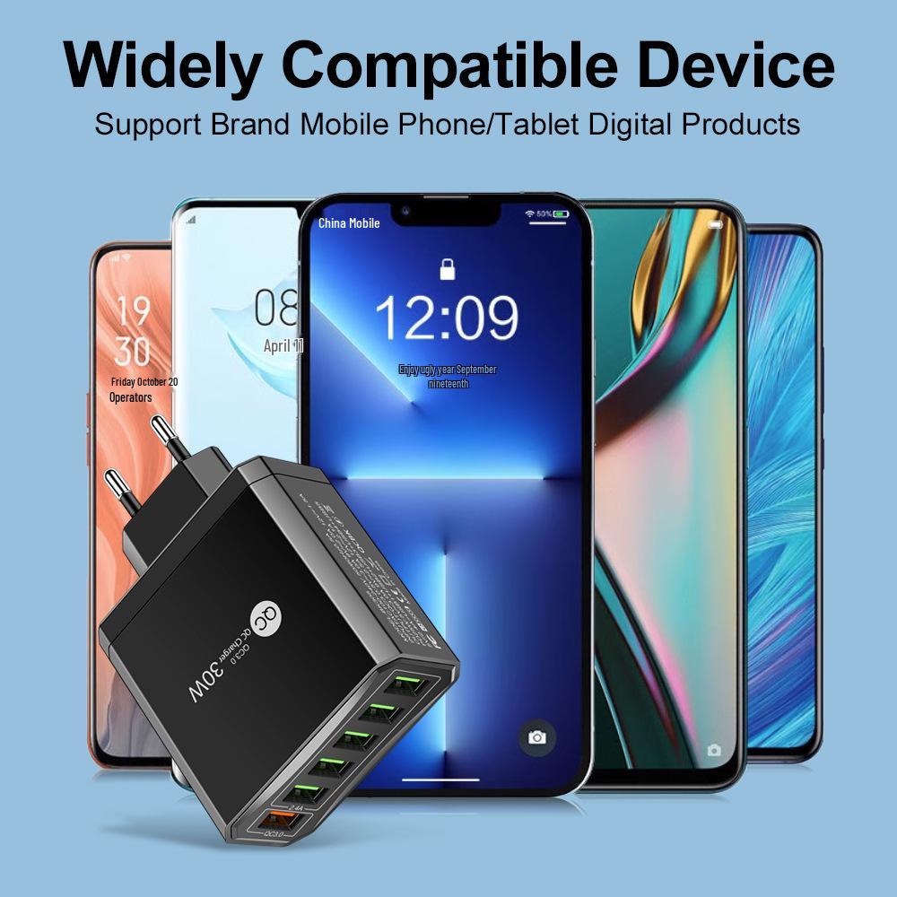 30W 6-Port QC3.0 Fast Charger with EU, US, UK, Korean Plugs
