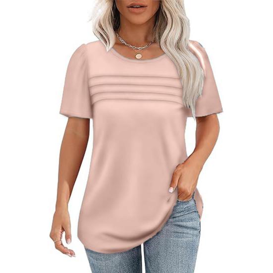 Women Summer T-shirt Round Neck Short Sleeve Tee Shirt Solid Color Lines Texture Loose Fit Pullover Tops Daily Wear