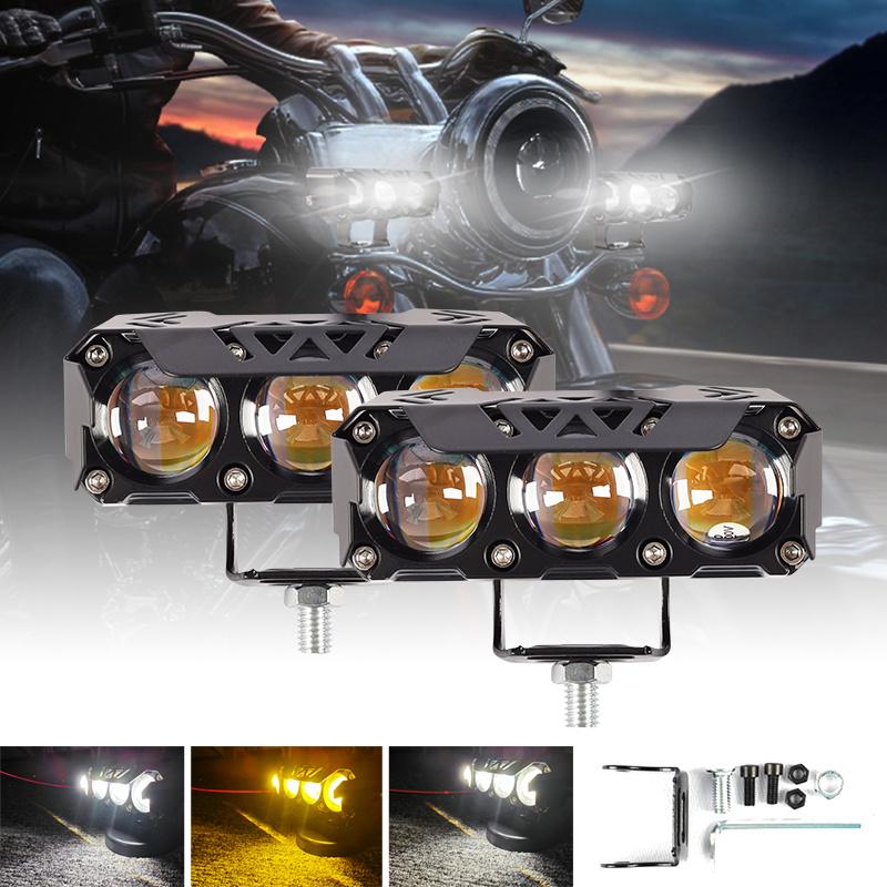 Motorcycle LED Spotlights Super Bright Headlights Three-eye Lens Fisheye Two-color Lights Retrofit Waterproof Shock-proof