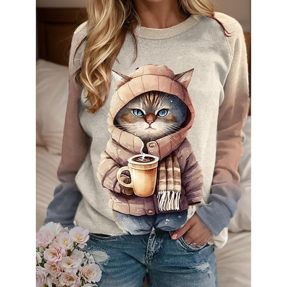 Women's Sweatshirt Polyester Animal Dailywear Casual Print Casual Crew Neck Long Sleeve Micro-elastic Fall Winter