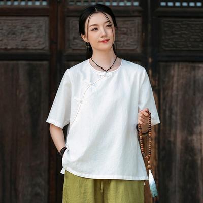 Vintage Women Embroidery T-Shirts Solid Color Patchwork Button Summer Loose T-Shirts