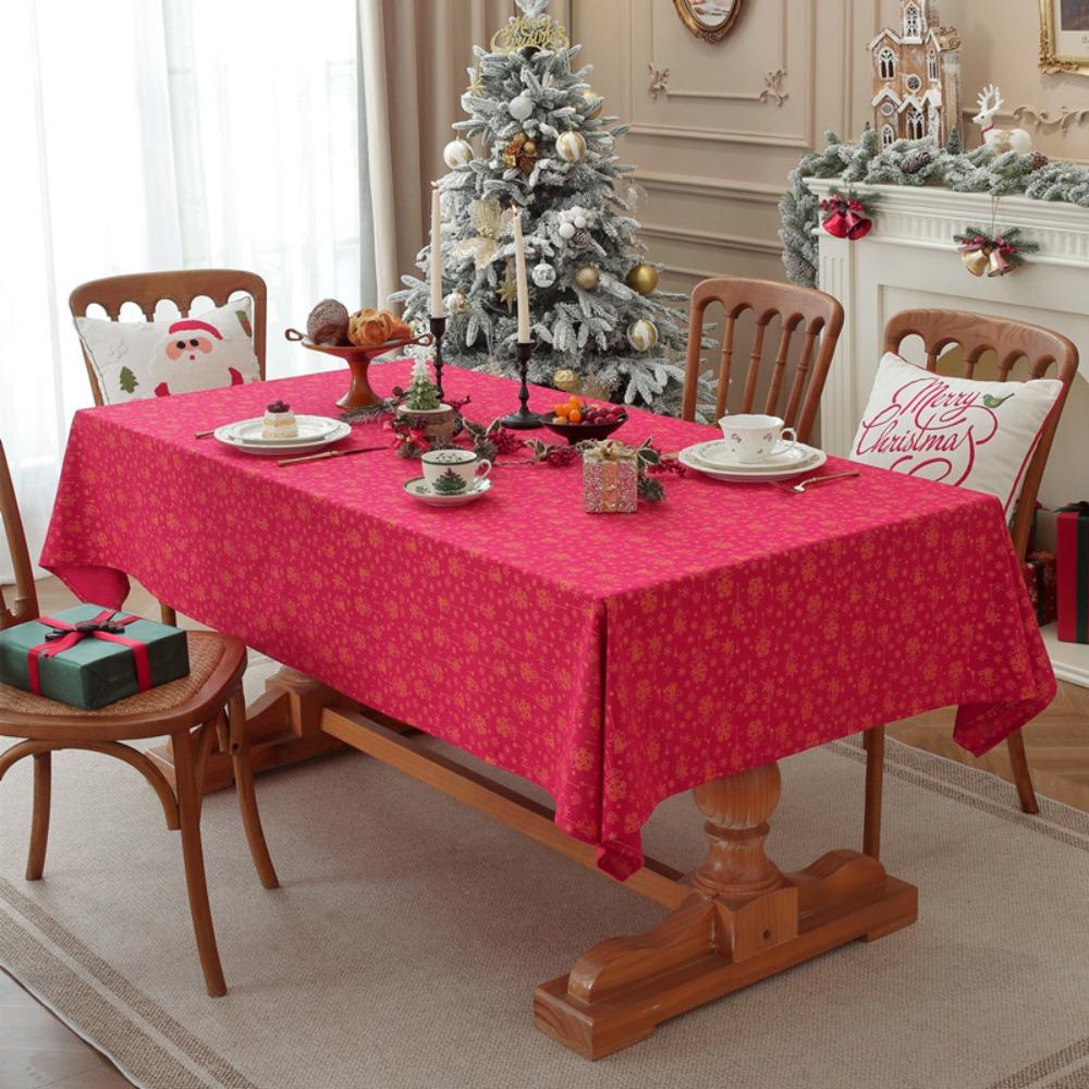 Christmas Green Gold Foil Bells Tablecloth Poly Cotton Blend for Holiday Dining Decor