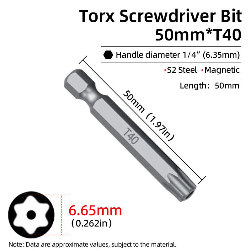 Torx Screwdriver Bit 50mm Magnetic S2 Steel 1/4'' Hex Shank Hollow Hole Security Bits T5-T40 Electric Drill Driver Hand Tools