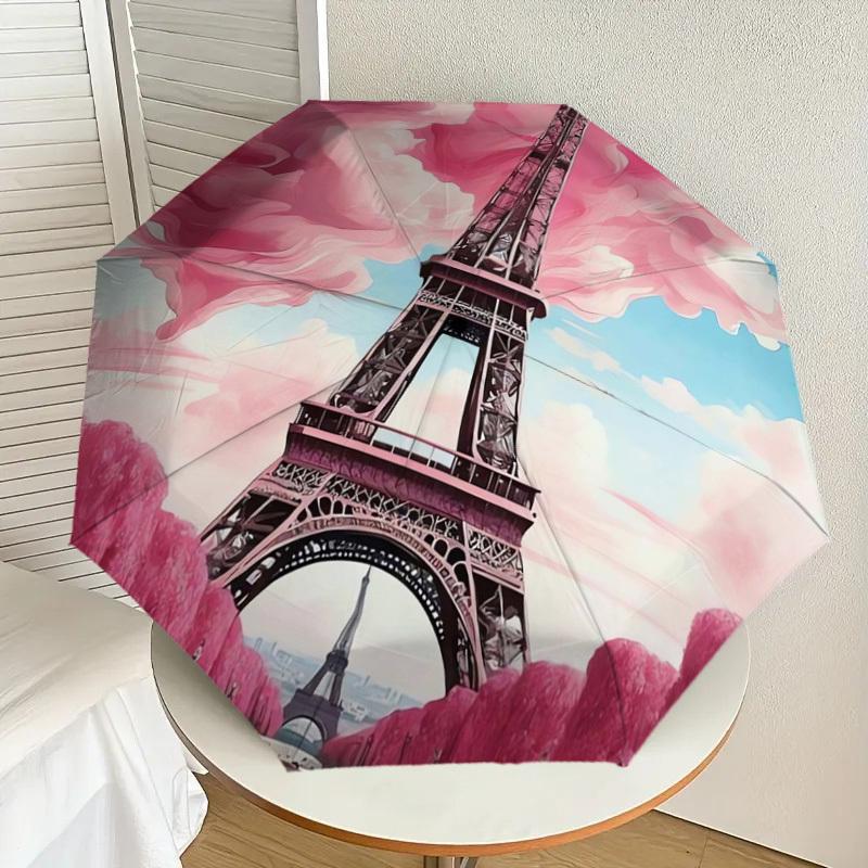 1pc Eiffel Tower Pink Clouds Paris Romance Umbrella with Plastic Handle,Suitable for All Seasons Home Travel Outdoor UmbrellaDD369