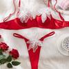 Women's Sexy Bra Set Floral Decor Mesh Splice Lingerie Set Thin Red Bra Lingerie Set