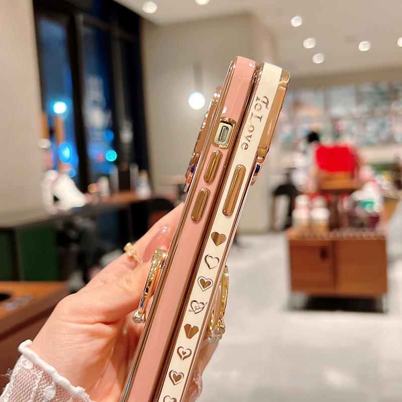 Soft Electroplated Side Love Heart Phone Case For Iphone 11 12 13 Pro Max Xs X Xr 7 8 Plus Ring Holder Camera Protective Cover