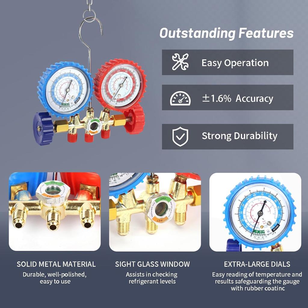 Refrigerant Air Conditioning Tools AC Diagnostic Manifold Gauge Set Hose Hook Kit for Refrigerant Testing R502 R22 R12 R134A