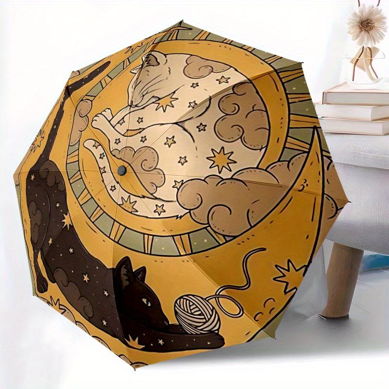 1pc Moon Cats Automatic Open/Close Umbrella with Windproof, Functional Design, 8-Rib Sturdy Canopy