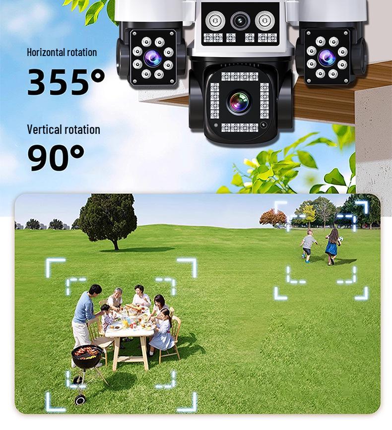AOV Solar-Powered 360° HD Night Vision Camera with Remote Access and Four-Lens for Indoor/Outdoor Monitoring