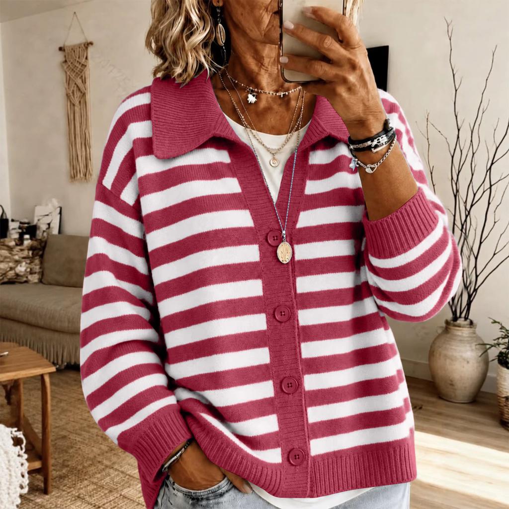 Women's Casual Color Block Striped Knit Cardigan with Lapel Collar