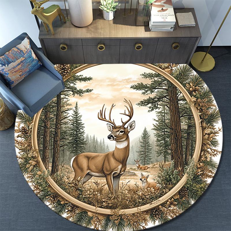 Deer Forest Round Area Rug,Carpet Rug for Living Room Bedroom Sofa Playroom Decor,Non-slip Floor Mat