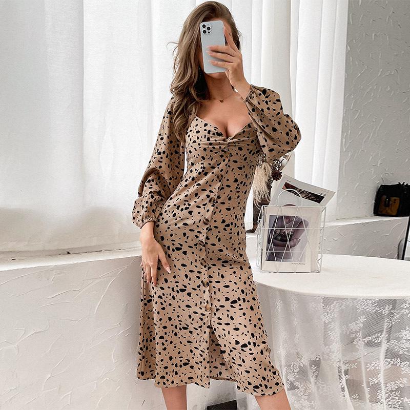 Leopard Print Backless Long Sleeve Retro Women s Dress - Autumn/Winter Collection Small хаки