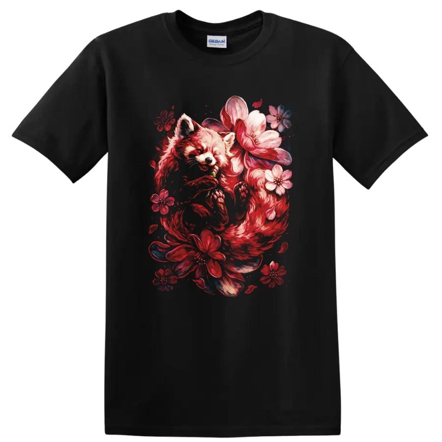 Red Panda Floral Design T Shirt Japanese Style Cute Animal Art Graphic Tee