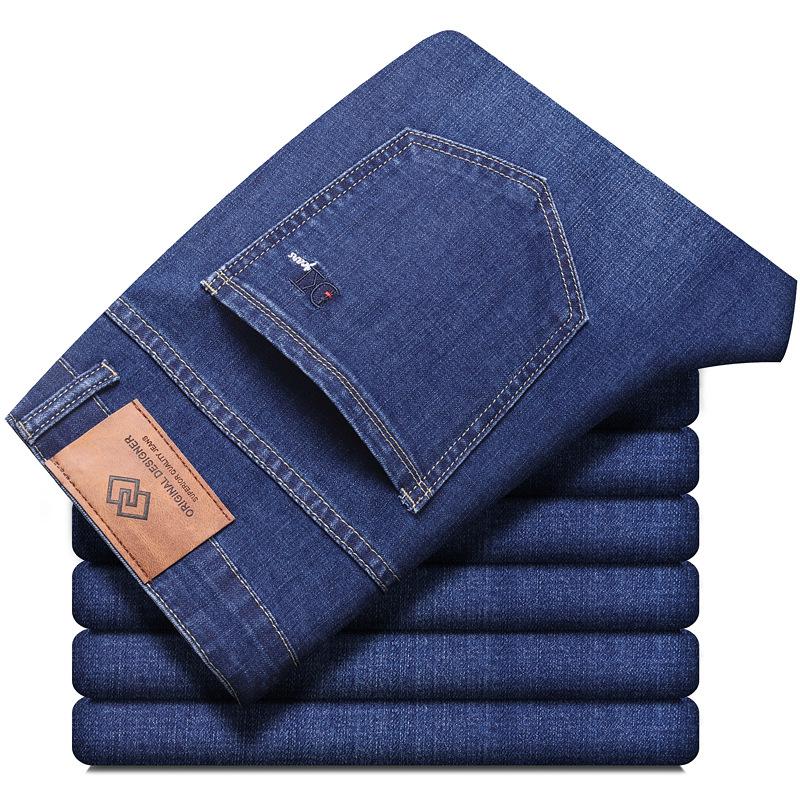 New ice silk jeans men loose straight summer ultra-thin section of middle-aged business casual elastic trousers