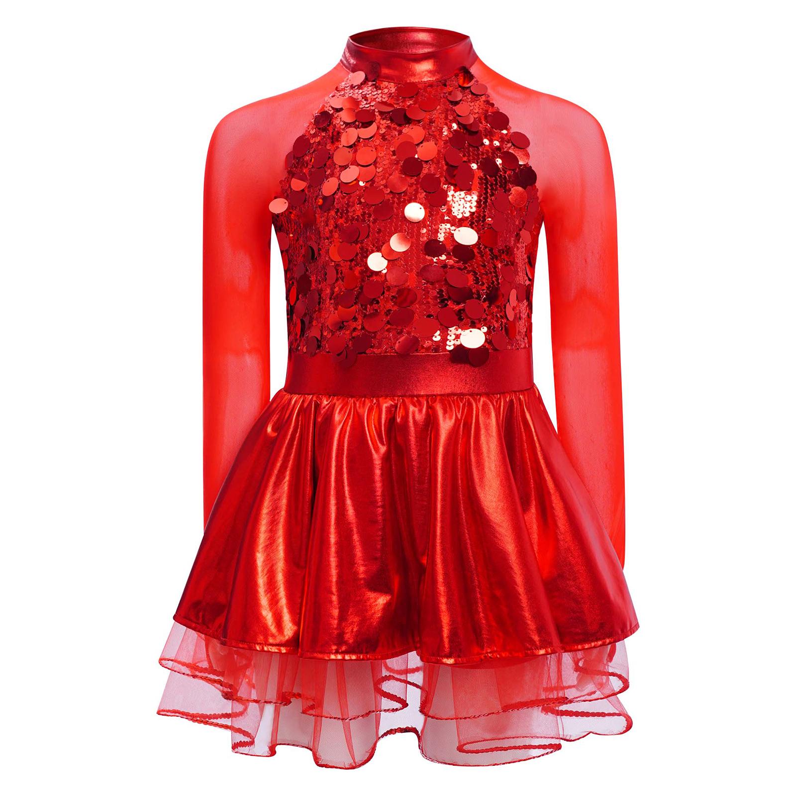 

Girls Metallic Tutu Dress Sheer Mesh Long Sleeve Keyhole Back Sparkling Sequins Performance Outfit 7-8 Years червоний