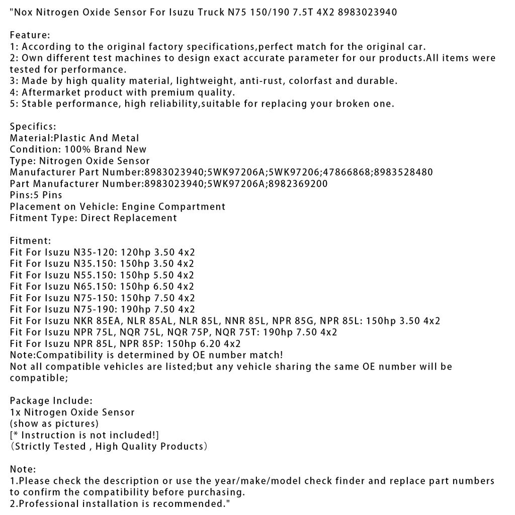 Nox Nitrogen Oxide Sensor For Isuzu Truck N75 150/190 7.5T 4X2 8983023940