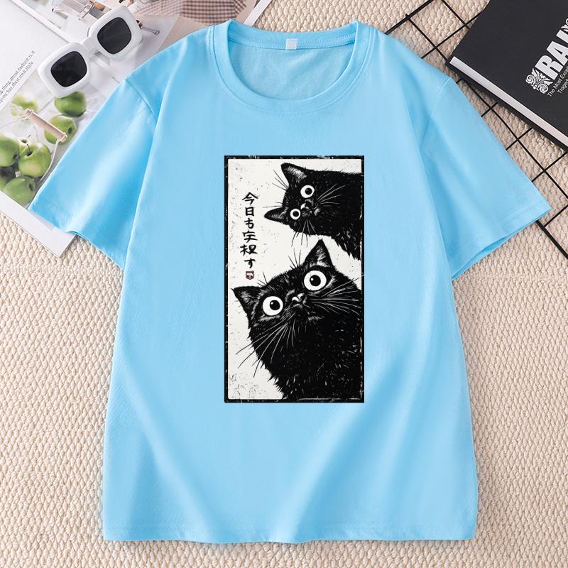 Japanese Cat TShirt Unisex Unisex Tokyo Aesthetic T Shirt Black Cat Tee Casual Cotton Short Sleeve Printed Tshirts Unisex Clothes
