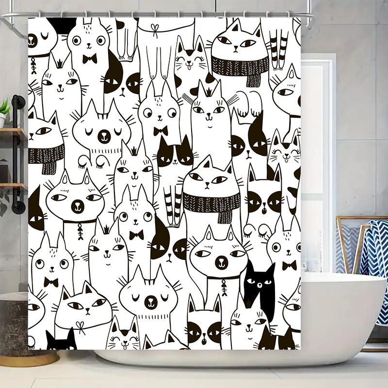 

Black White Cartoon Cat Print Shower Curtain Waterproof Fabric For Bathroom Decorations Diy Home Decoration W60H190(CM)-1 Pcs