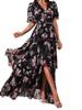 Women's Fashion V-neck Puff Sleeve Long Dress - Multi-layer Print Evening Party Gown