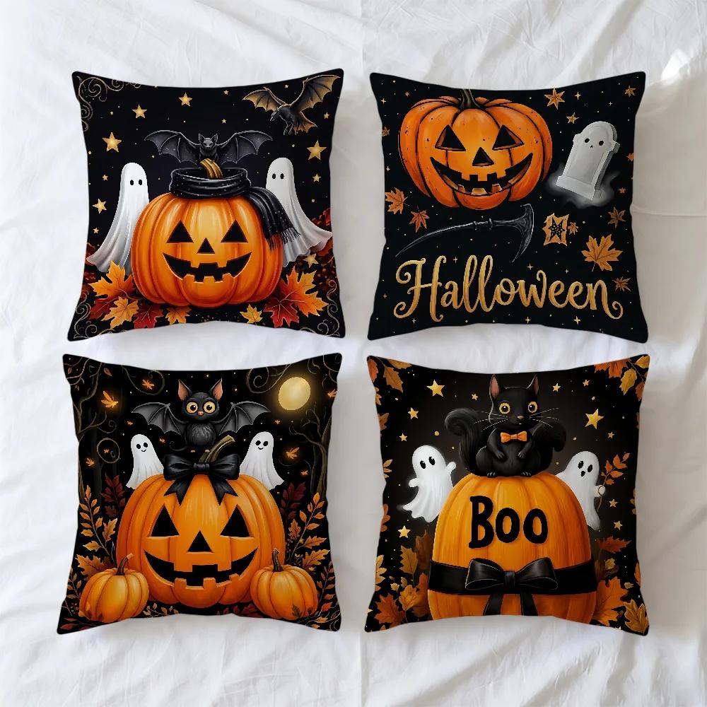 Halloween Ghost Pumpkin Pillow Covers Set of 4 Polyester Throw Cushion Cases for Sofa Couch Bed Indoor Outdoor Spooky Home Decor